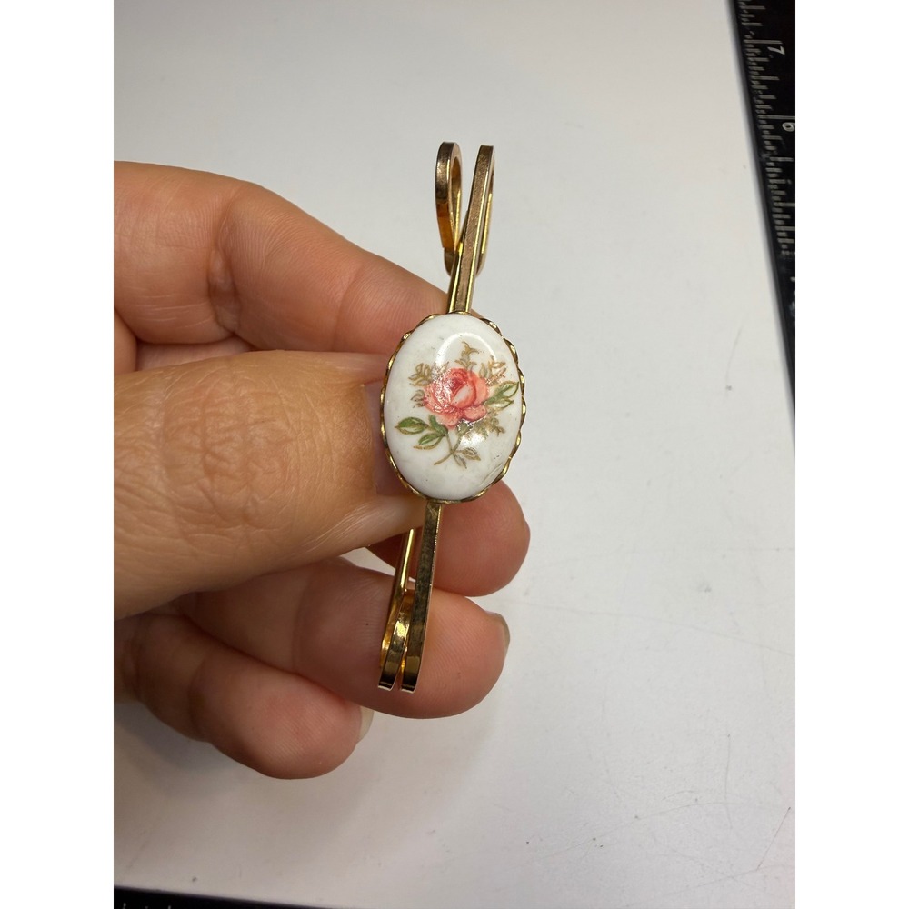 Gold Tone Safety Pin Brooch Porcelain Pink Rose Floral Ceramic Cabochon Pin